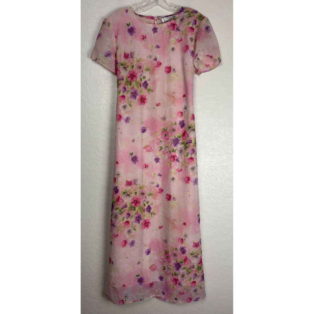 Vintage Christy Lyn Pink Floral Maxi Dress Tie Back Short Sleeve Size 8 USA 2346